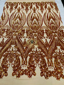 Big Damask Sequins Fabric - Orange Iridescent - 4 Way Stretch Damask Sequins Design Fabric By Yard