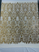 Gold Sequin Fabric - by the yard - On Mesh 4 Way Stretch, Damask Design Sequins