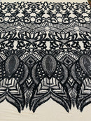Black - 4 Way Stretch Embroidered Royalty Sequins Design Fabric By Yard