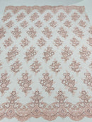 Blush Pink Floral Lace Fabric by the yard Corded Flower Embroidery Design With Sequins on a Mesh