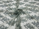 Metallic Silver Floral Lace Fabric by the yard Corded Flower Embroidery Design With Sequins on a Mesh