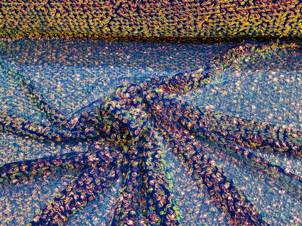 New Iridescent Clear Sequin Fabric Embroidery On Royal Blue Power Mesh 4Way Stretch Sequins By The Yard