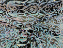 Iridescent aqua/Blue Sequin Fabric On Black Mesh 4 Way Stretch Damask Design By The Yard