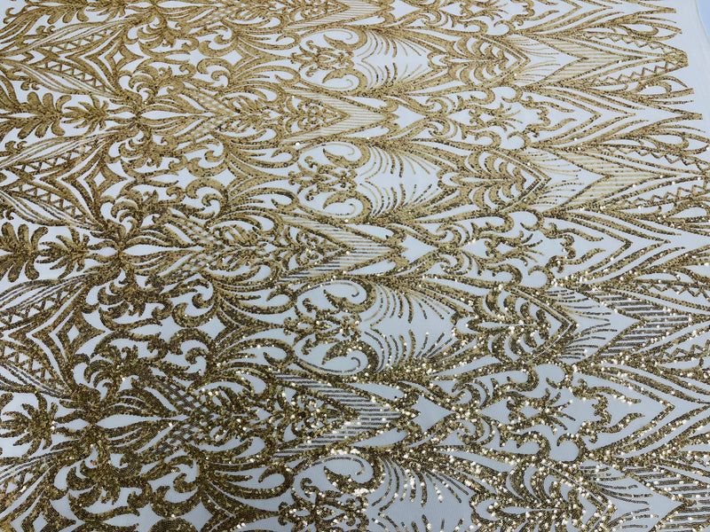 Gold Sequin Fabric - by the yard - On Mesh 4 Way Stretch, Damask Design Sequins