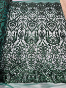 Hunter Green Sequin Fabric On a Mesh 4 Way Stretch Damask Design By The Yard