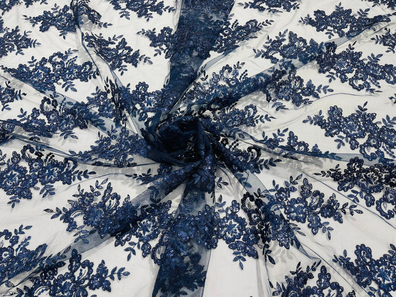 Navy Floral Lace Fabric by the yard Corded Flower Embroidery Design With Sequins on a Mesh