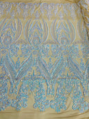 Big Damask Sequins Fabric - Aqua / Blue  - 4 Way Stretch Damask Sequins Design Fabric By Yard