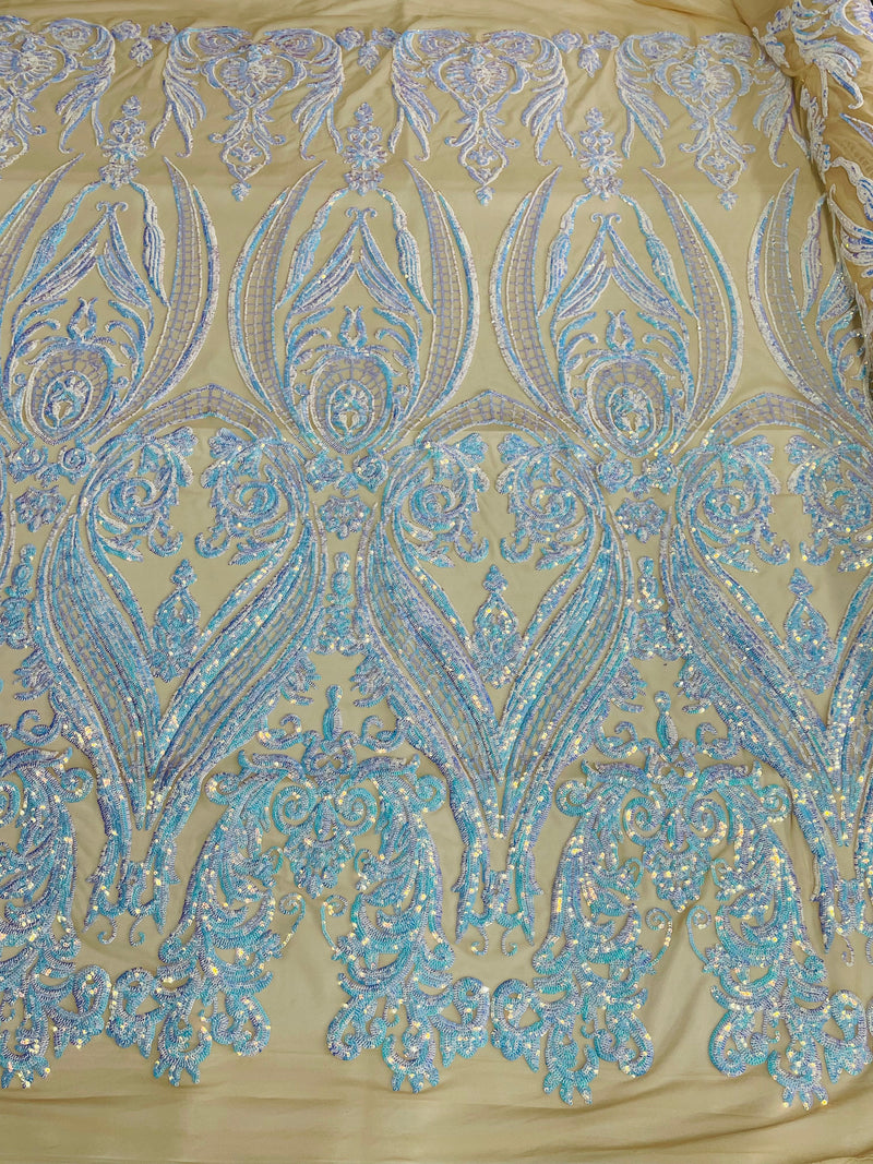 Big Damask Sequins Fabric - Aqua / Blue  - 4 Way Stretch Damask Sequins Design Fabric By Yard