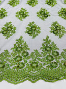Floral Lace Fabric - Green on Black Mesh - Flower Cluster Embroidery Design With Sequins on a Mesh