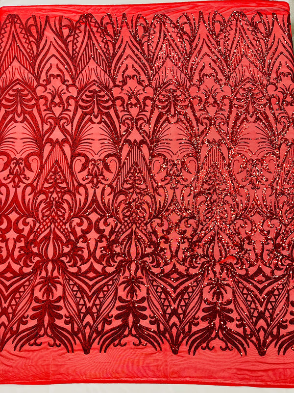 Red Sequin Fabric - by the yard - On Mesh 4 Way Stretch, Damask Design Sequins