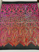 Orange/Fuchsia Iridescent - 4 Way Stretch Embroidered Royalty Sequins Design Fabric By Yard
