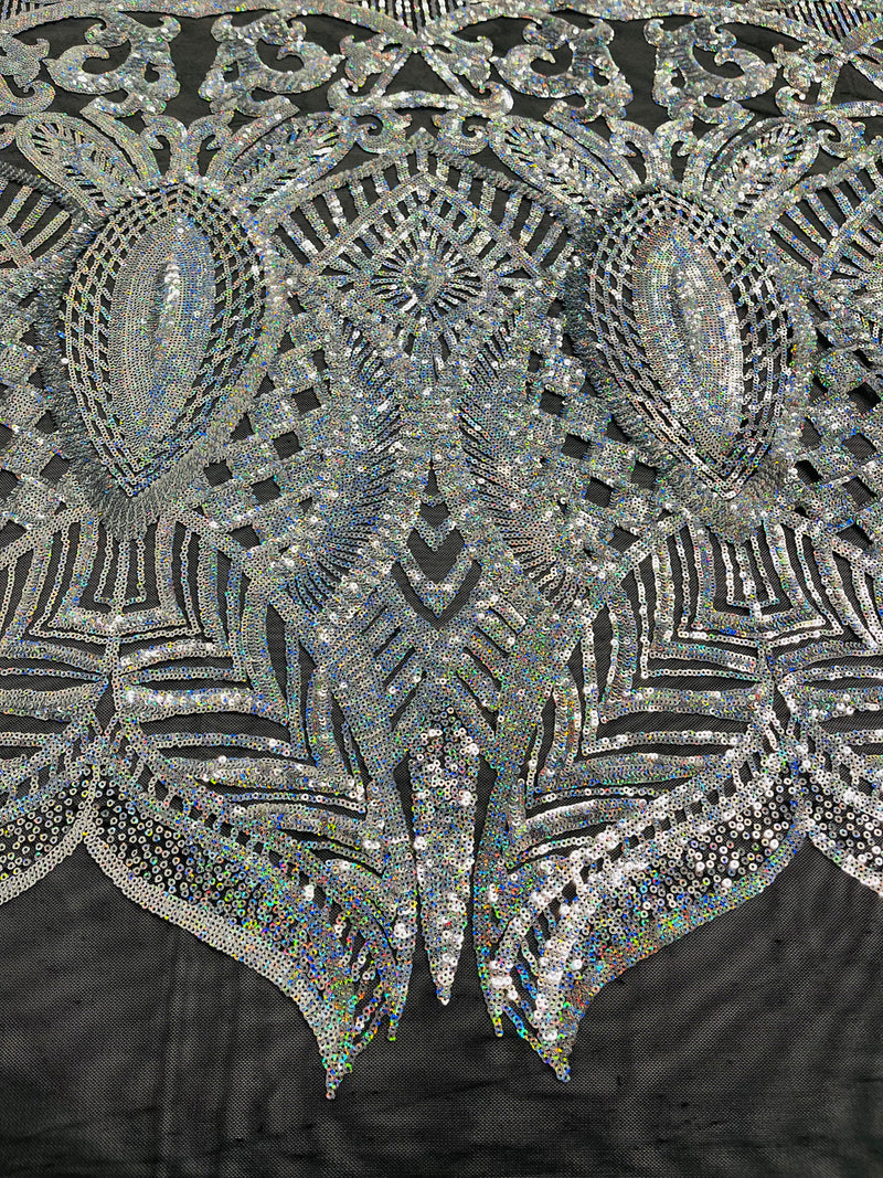 Silver Holographic Sequin - 4 Way Stretch Embroidered Royalty Sequins Design Fabric By Yard