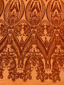 Big Damask Sequins Fabric - Burnt Orange - 4 Way Stretch Damask Sequins Design Fabric By Yard