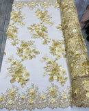 Gold Flower 3D Fabric - by the Yard - Embroided Fabric Flower Pearls and Beaded Fabric