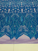Iridescent Turquoise - 4 Way Stretch Embroidered Royalty Sequins Design Fabric By Yard