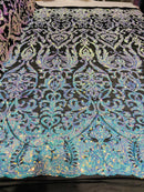 Iridescent aqua/Blue Sequin Fabric On Black Mesh 4 Way Stretch Damask Design By The Yard