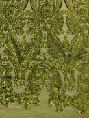 Big Damask Sequins Fabric - Olive Green  - 4 Way Stretch Damask Sequins Design Fabric By Yard