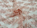 Blush Pink Floral Lace Fabric by the yard Corded Flower Embroidery Design With Sequins on a Mesh