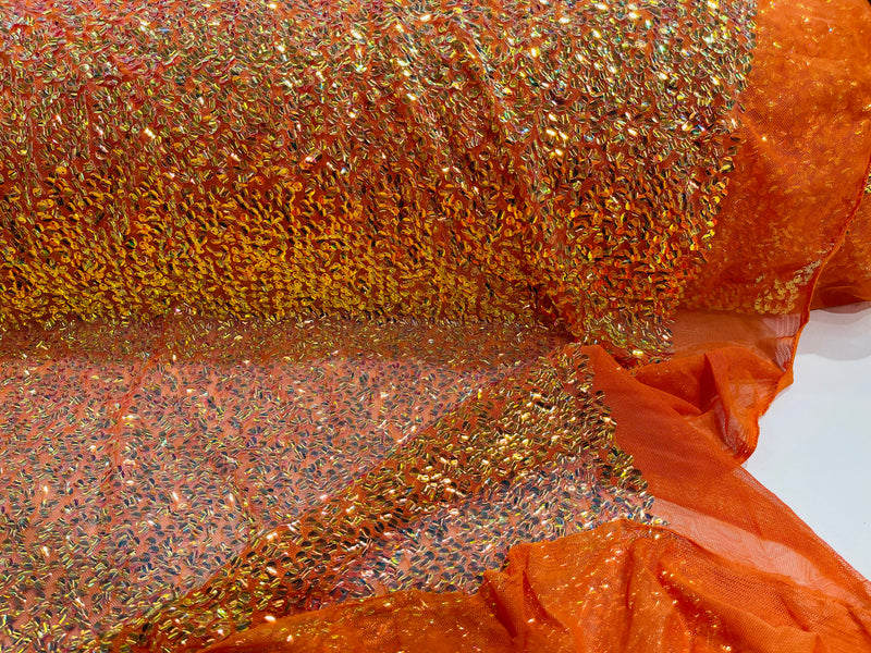 New Iridescent Clear Sequin Fabric Embroidery On Orange Power Mesh 4Way Stretch Sequins By The Yard