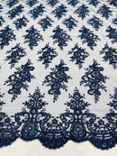 Navy Floral Lace Fabric by the yard Corded Flower Embroidery Design With Sequins on a Mesh