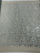 Silver Sequin Fabric - by the yard - On Silver Mesh 4 Way Stretch, Damask Design Sequins