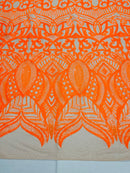 Orange Sequin - 4 Way Stretch Embroidered Royalty Sequins Design Fabric By Yard