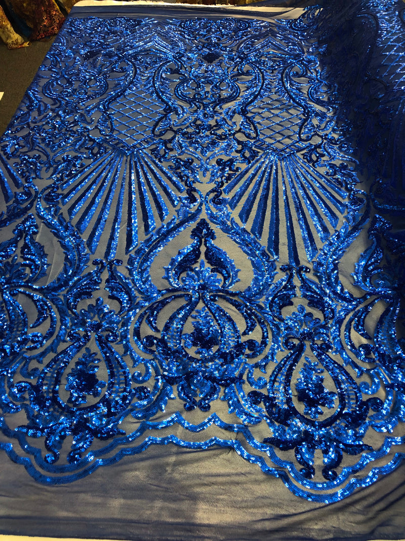 Glam Pattern Sequins Royal Blue - 4 Way Stretch Colorful Designer Net Sequins Fabrics