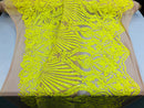 4 Way Stretch Damask Design Yellow Sequins Fabric On NUDE Mesh By Yard