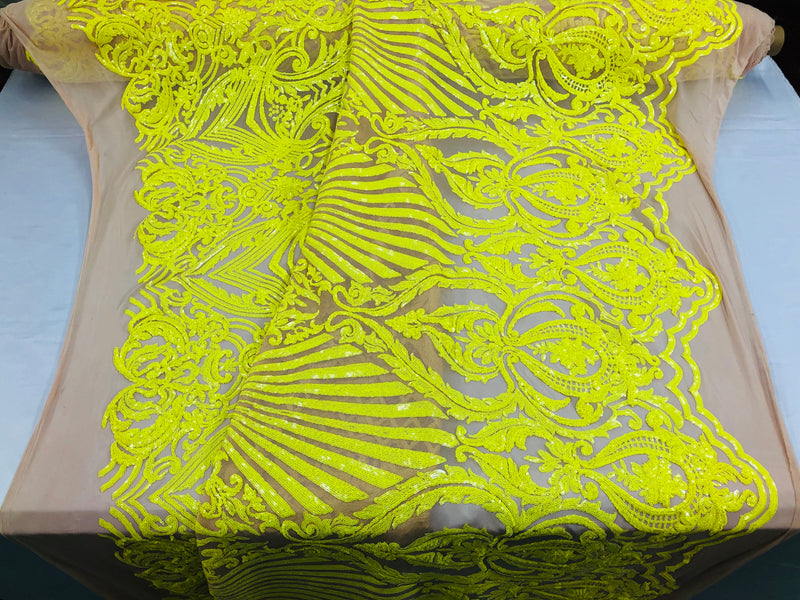 4 Way Stretch Damask Design Yellow Sequins Fabric On NUDE Mesh By Yard