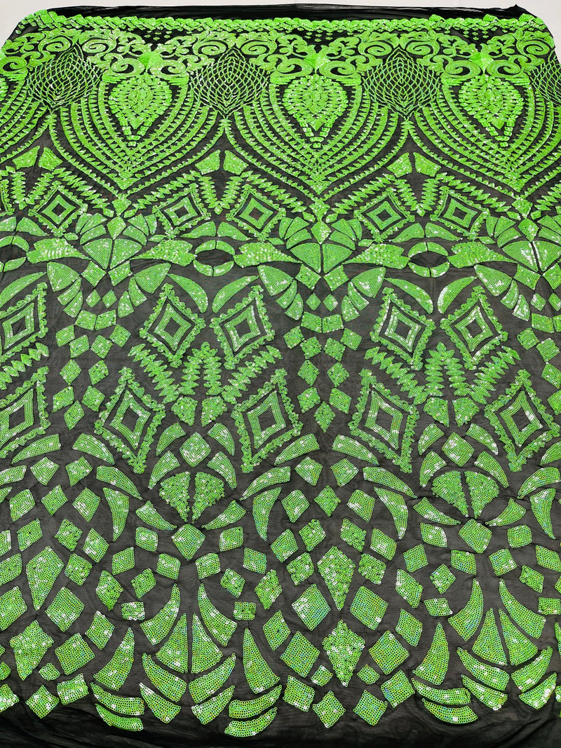 Neón Green Sequins Fabric On Black Mesh 4 Way Stretch Geometric Design By The Yard