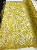 Yellow Beaded Fabric - by the yard - Fancy Embroidered Zebra Design with Beads on Mesh Fabric