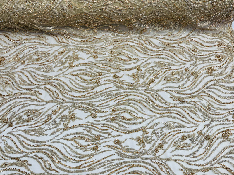 Honey Gold Beaded Fabric - by the yard - Fancy Embroidered Zebra Design with Beads on Mesh Fabric