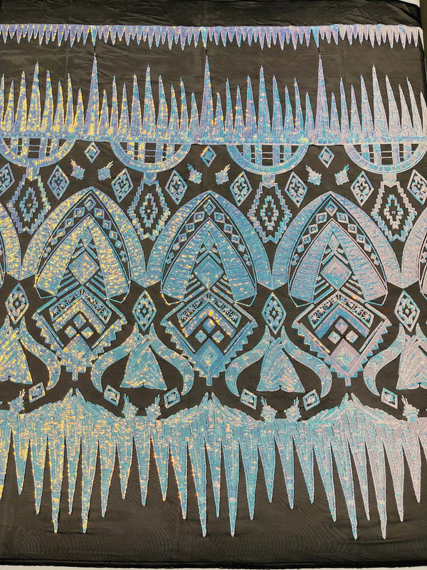 Aqua Iridescent Sequin Fabric, by the yard - Black Mesh 4 Way Stretch Aztec Design