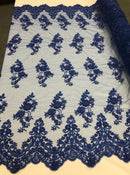 Beaded Bridal Lace - Royal Blue - Sold By The Yard Floral Embroidered Sequins Wedding Fabric