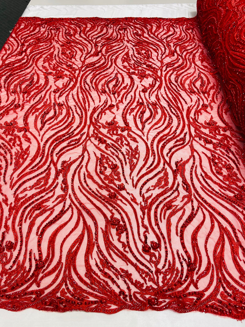 Red Beaded Fabric - by the yard - Fancy Embroidered Zebra Design with Beads on Mesh Fabric