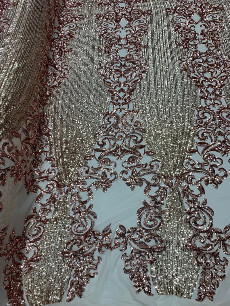 Rose Gold Sequin Fabric, 4 Way Stretch on a Nude Mesh By Yard