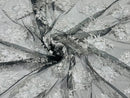Floral Lace Fabric - Silver on Black Mesh - Flower Cluster Embroidery Design With Sequins on a Mesh