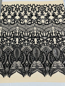 Black - 4 Way Stretch Embroidered Royalty Sequins Design Fabric By Yard