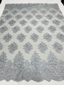 Floral Lace Fabric - Gray on Black Mesh - Flower Cluster Embroidery Design With Sequins on a Mesh