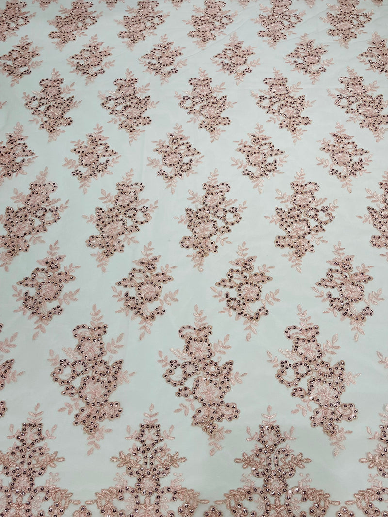 Blush Pink Floral Lace Fabric by the yard Corded Flower Embroidery Design With Sequins on a Mesh
