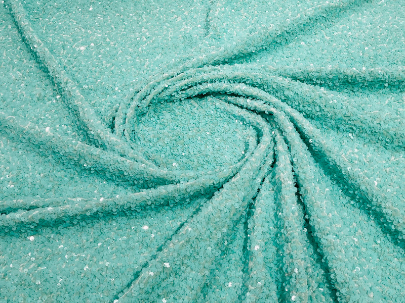 Mint Sequin Fabric on Stretch Velvet - by the yard - Sequins 2 Way Stretch  58/60”