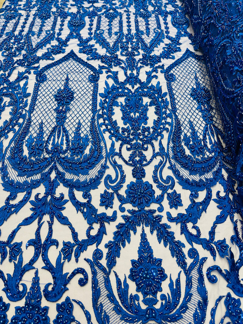 Royal Blue Beaded Damask Fabric - by the yard - Embroidered with Beads and Sequins on Mesh Fabric