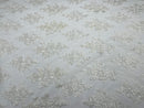 White Floral Lace Fabric - by the yard - Corded Flower Embroidery Design With Sequins on a Mesh