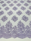 Floral Lace Fabric - Lilac - Flower Cluster Embroidery Design With Sequins on a Mesh