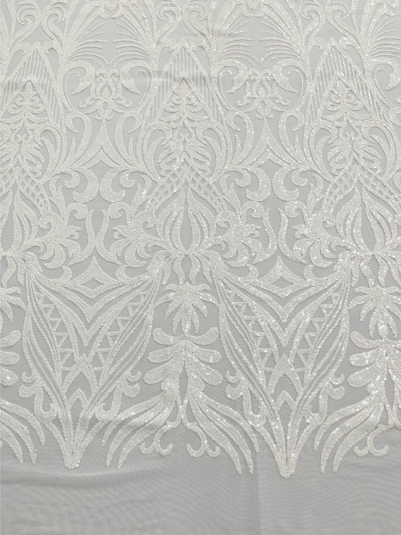 White Sequin Fabric - by the yard - On Mesh 4 Way Stretch, Damask Design Sequins
