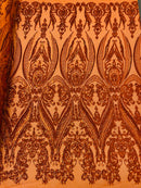 Big Damask Sequins Fabric - Burnt Orange - 4 Way Stretch Damask Sequins Design Fabric By Yard