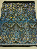 Aqua/Blue Iridescent Sequins Fabric On Black Mesh 4 Way Stretch Geometric Design By The Yard