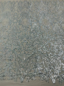 Silver Sequin Fabric - by the yard - On Silver Mesh 4 Way Stretch, Damask Design Sequins