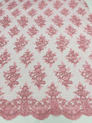 Candy Pink Floral Lace Fabric - by the yard - Corded Flower Embroidery Design With Sequins on a Mesh