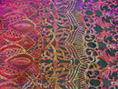 Orange/Fuchsia Iridescent - 4 Way Stretch Embroidered Royalty Sequins Design Fabric By Yard